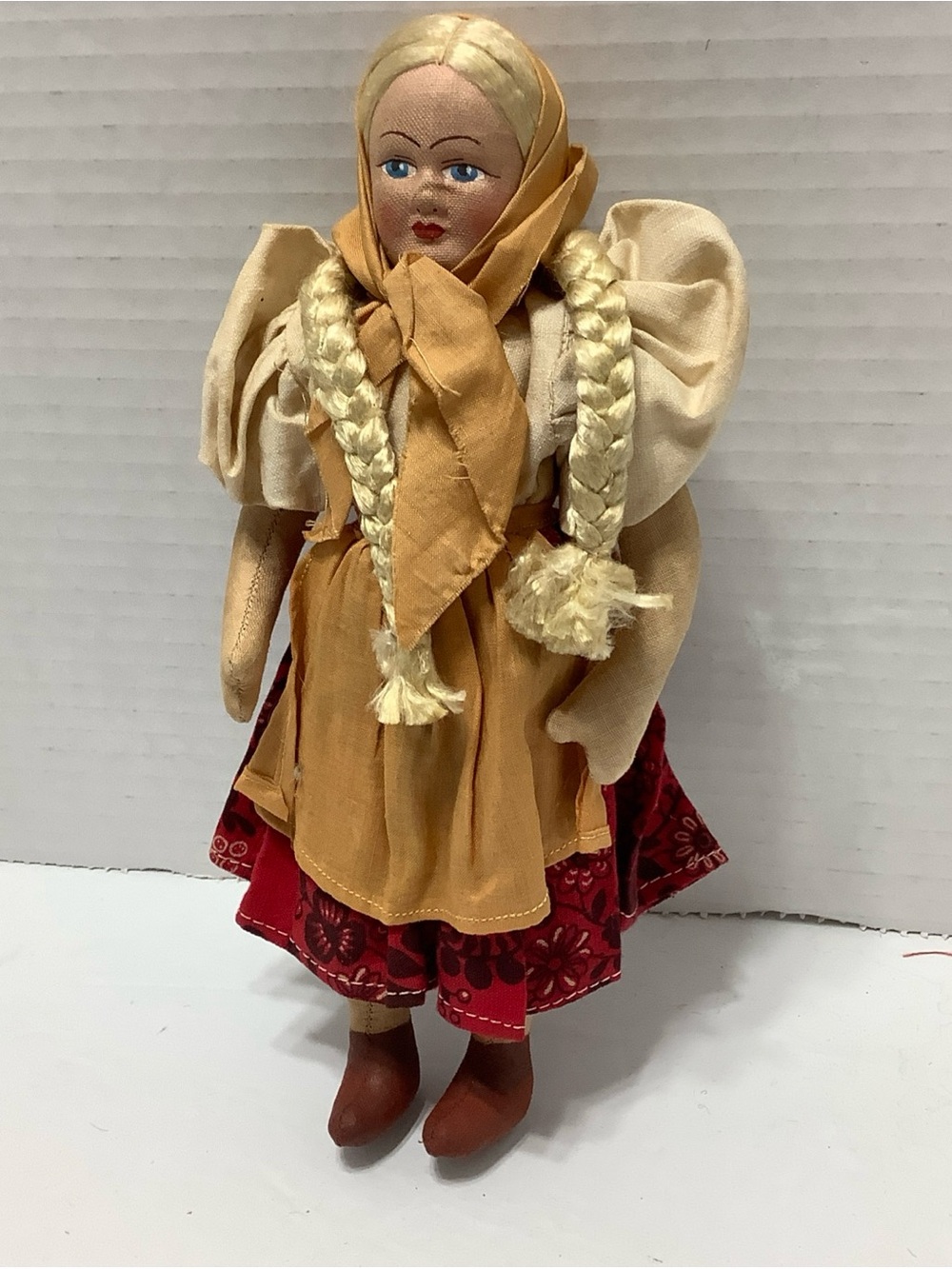 Source Unknown Blonde Braid Cloth Doll with Mustard Headscarf and Red Skirt